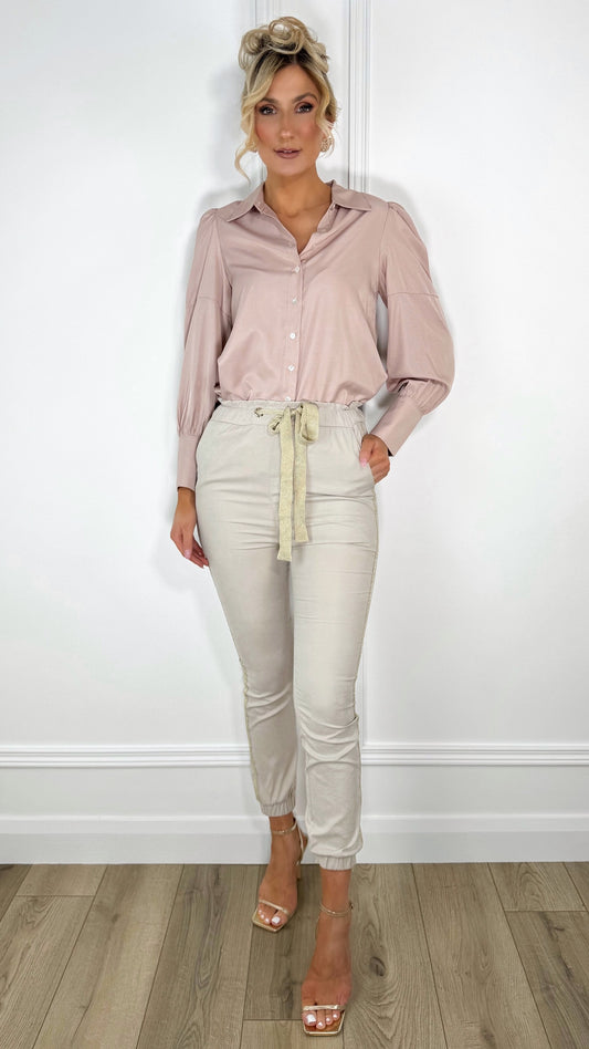 Beige Trousers with Gold Side Detail