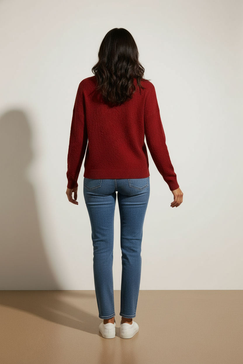 Rob Long Sleeved Pattern Knit Top - Red