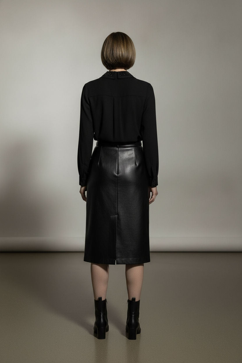 Bella Satin Shirt With Stones Collar - Black