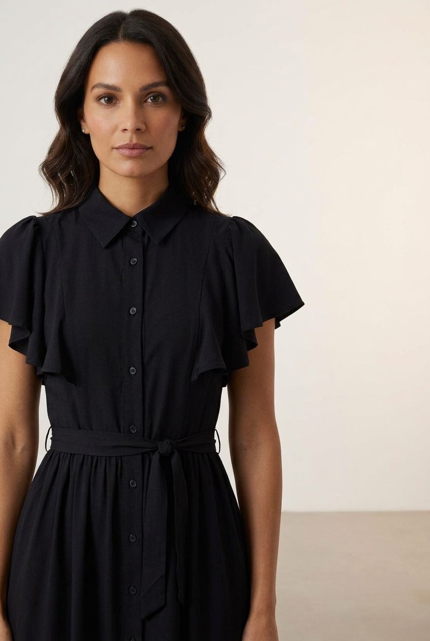 Ruffle Short Sleeve Shirt Dress - Black
