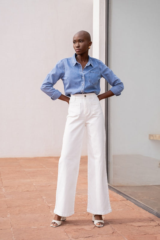 Gaspard Wide Leg Trousers with Front Pocket - White