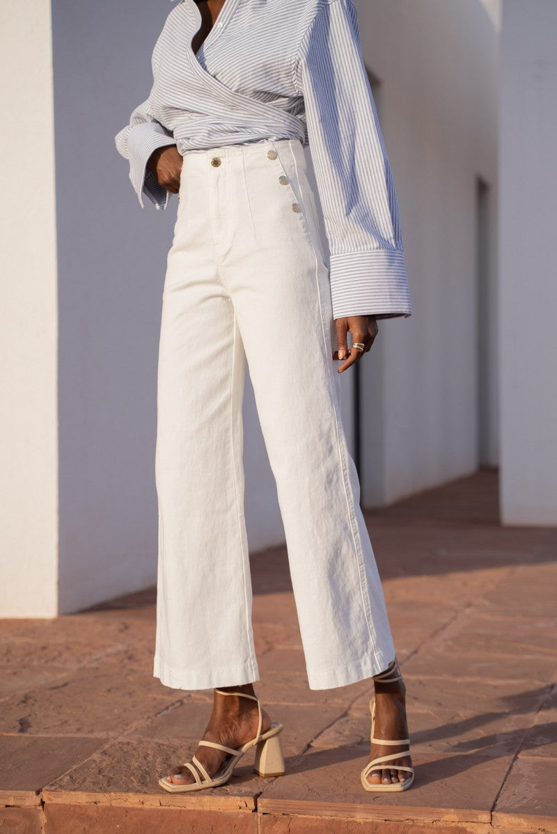 Venise Wide Denim Trousers With Gold Buttons - White