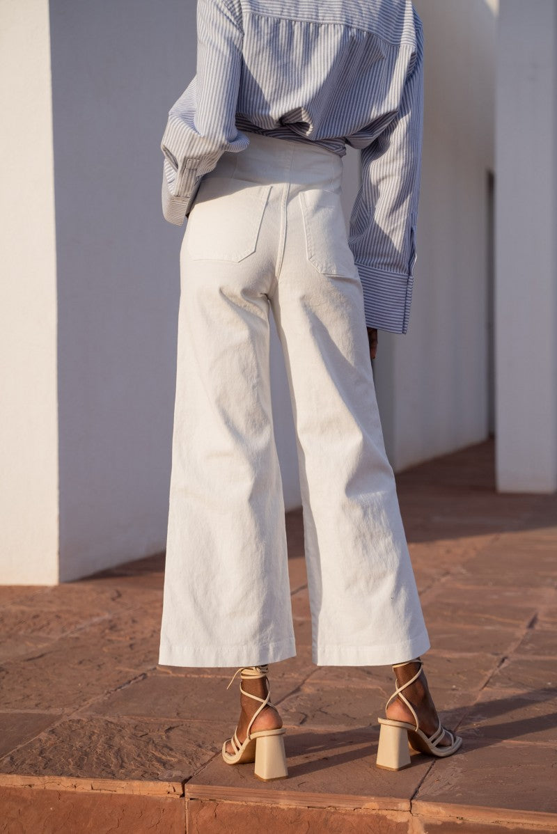 Venise Wide Denim Trousers With Gold Buttons - White