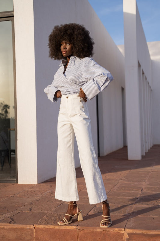 Venise Wide Denim Trousers With Gold Buttons - White