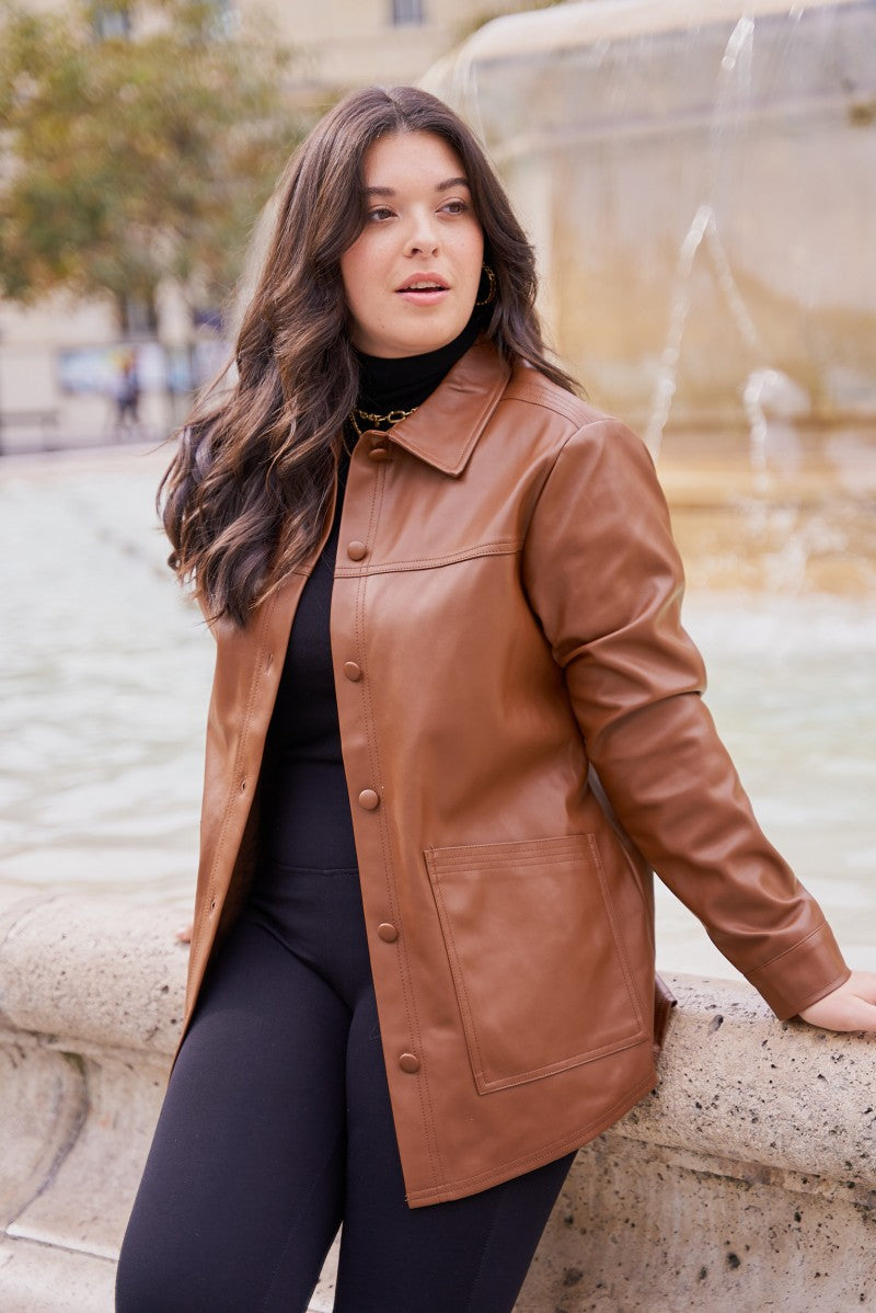 Vegan Leather Oversized Jacket - Camel