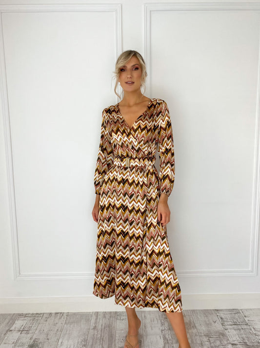 Geo Printed Dress With Belt - Brown