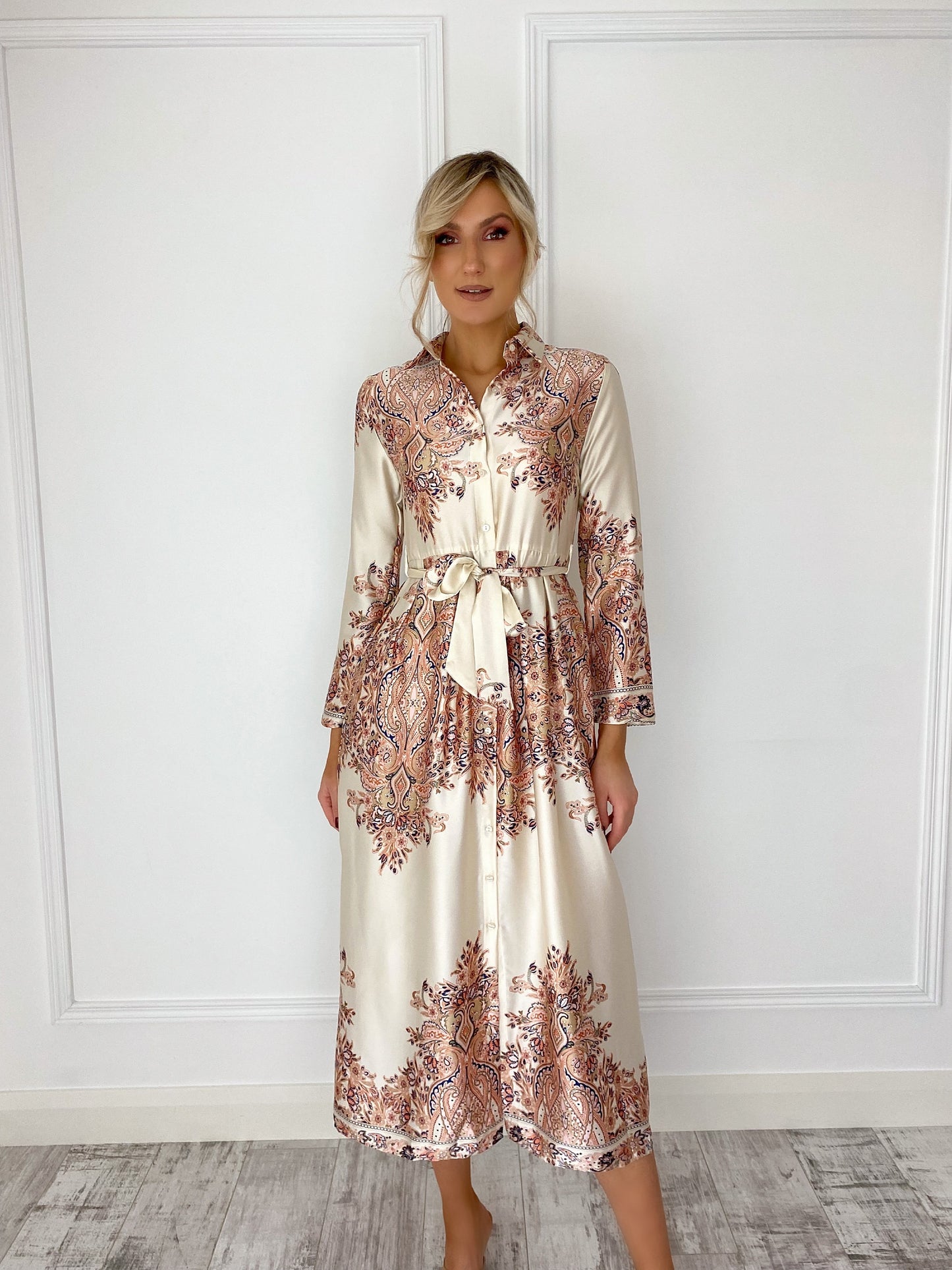 Silvia Satin Shirt Dress - Beige