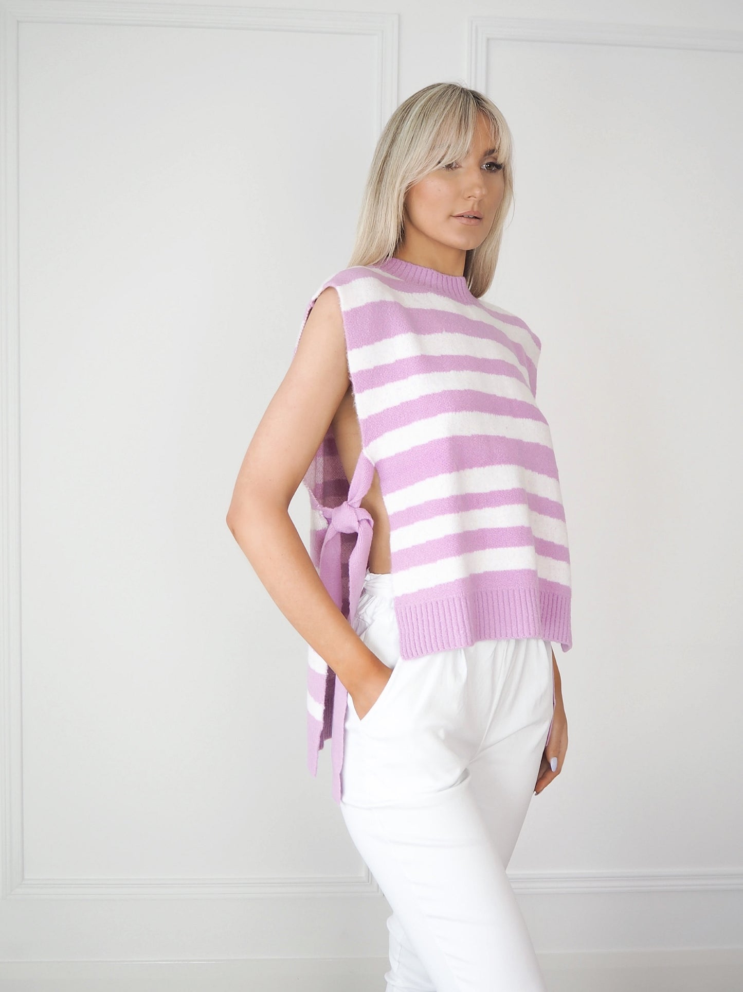 Purple and White Stripe Sweater Vest Knit