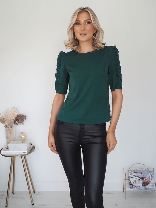 Luna Ruffle Sleeve Top - Emerald Green
