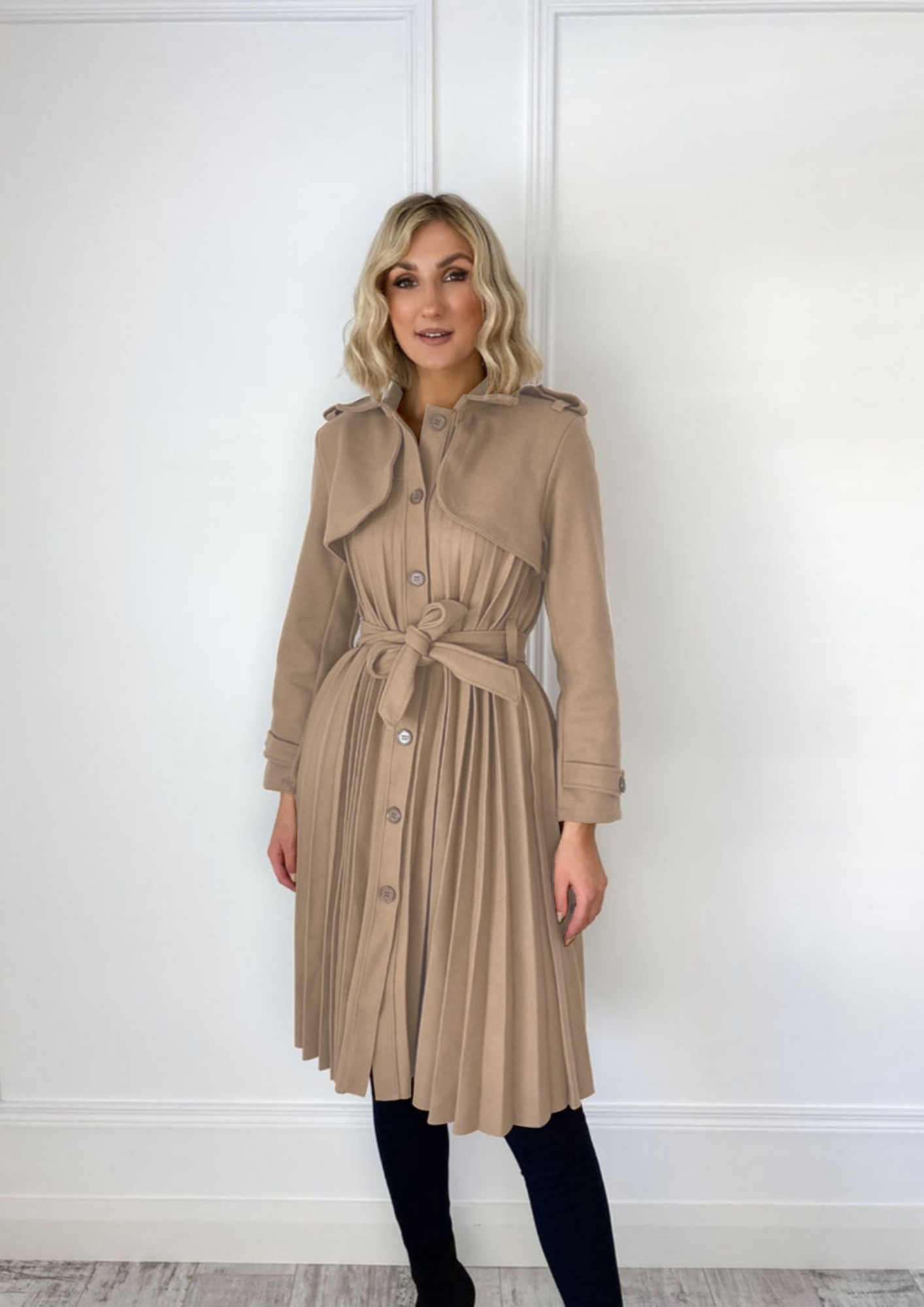 Pleated Maxi Coat Beige Ontrendeu