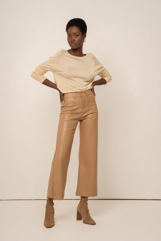 Valentine Wide Leatherette Pants - Beige