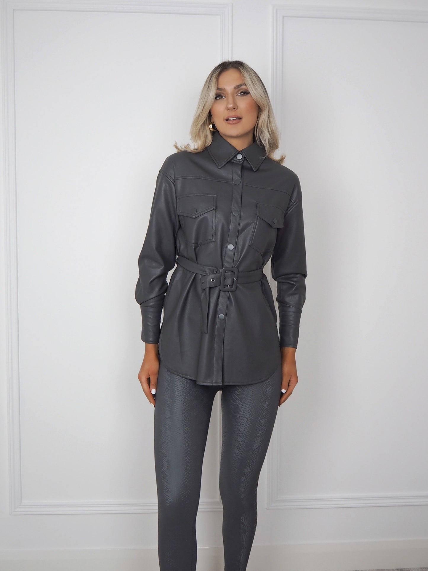 Grey Faux Leather Belted Shirt