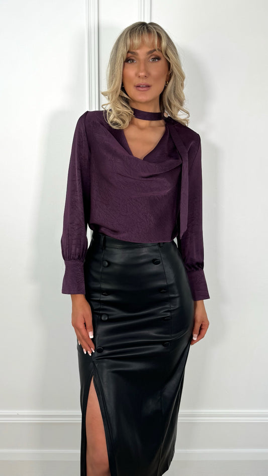 Tessy Elegant Choker Cowl Neck Puffy Sleeve Blouse - Plum