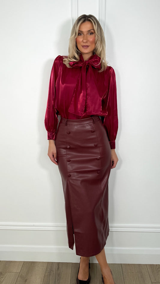 Amelie Maxi Faux Leather Skirt with Button Details - Burgundy