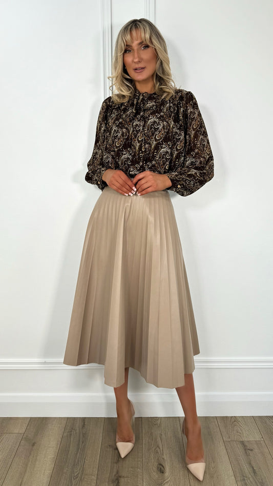 Fia Pleated Faux Leather Skirt - Taupe