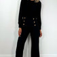 Aine Button High Waist Tailored Mixed Fabric Jumpsuit - Black