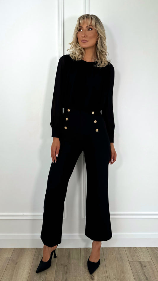 Aine Button High Waist Tailored Mixed Fabric Jumpsuit - Black