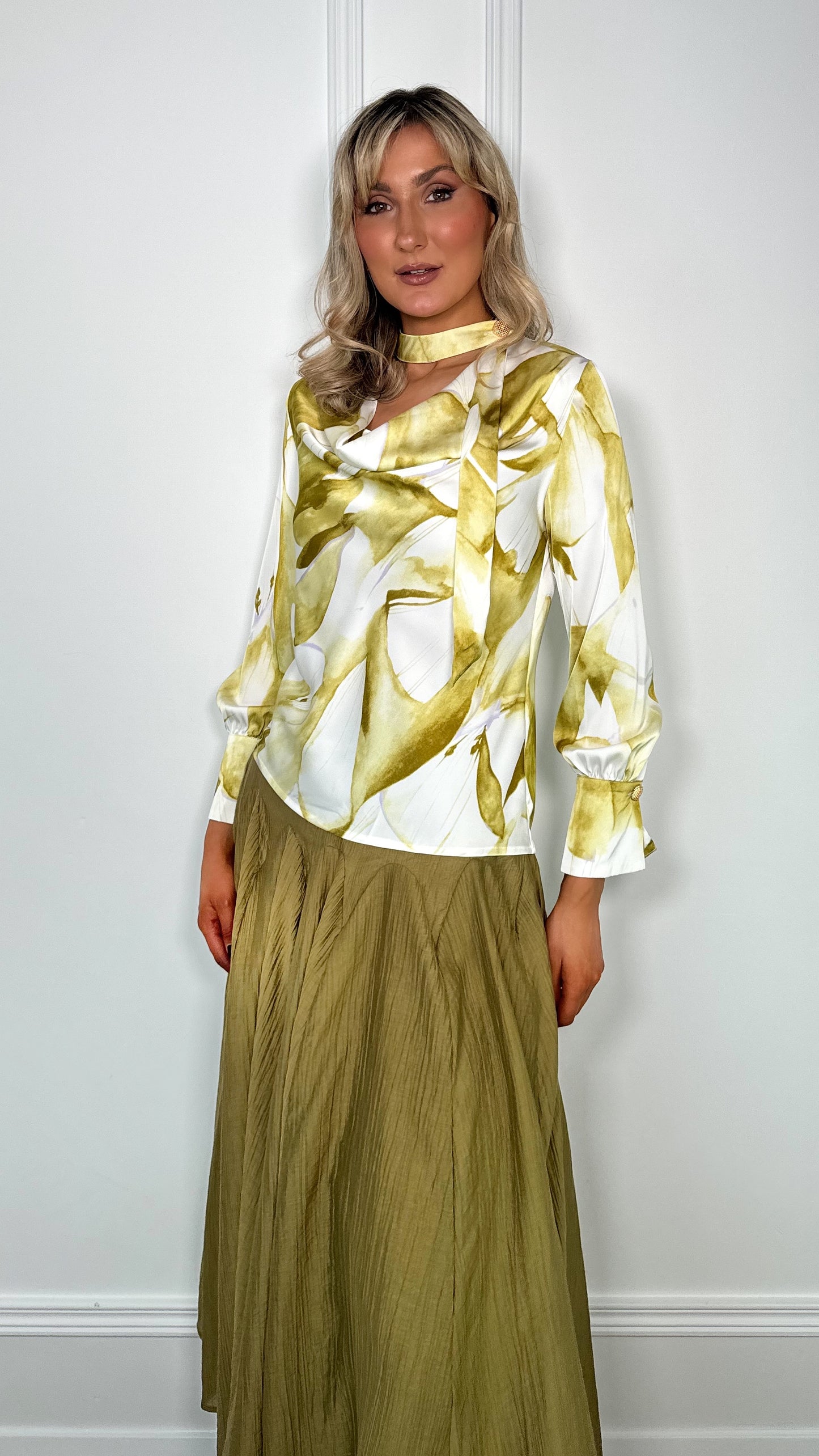 Arlene Elegant Choker Cowl Neck Puffy Sleeve Blouse - Lime Green