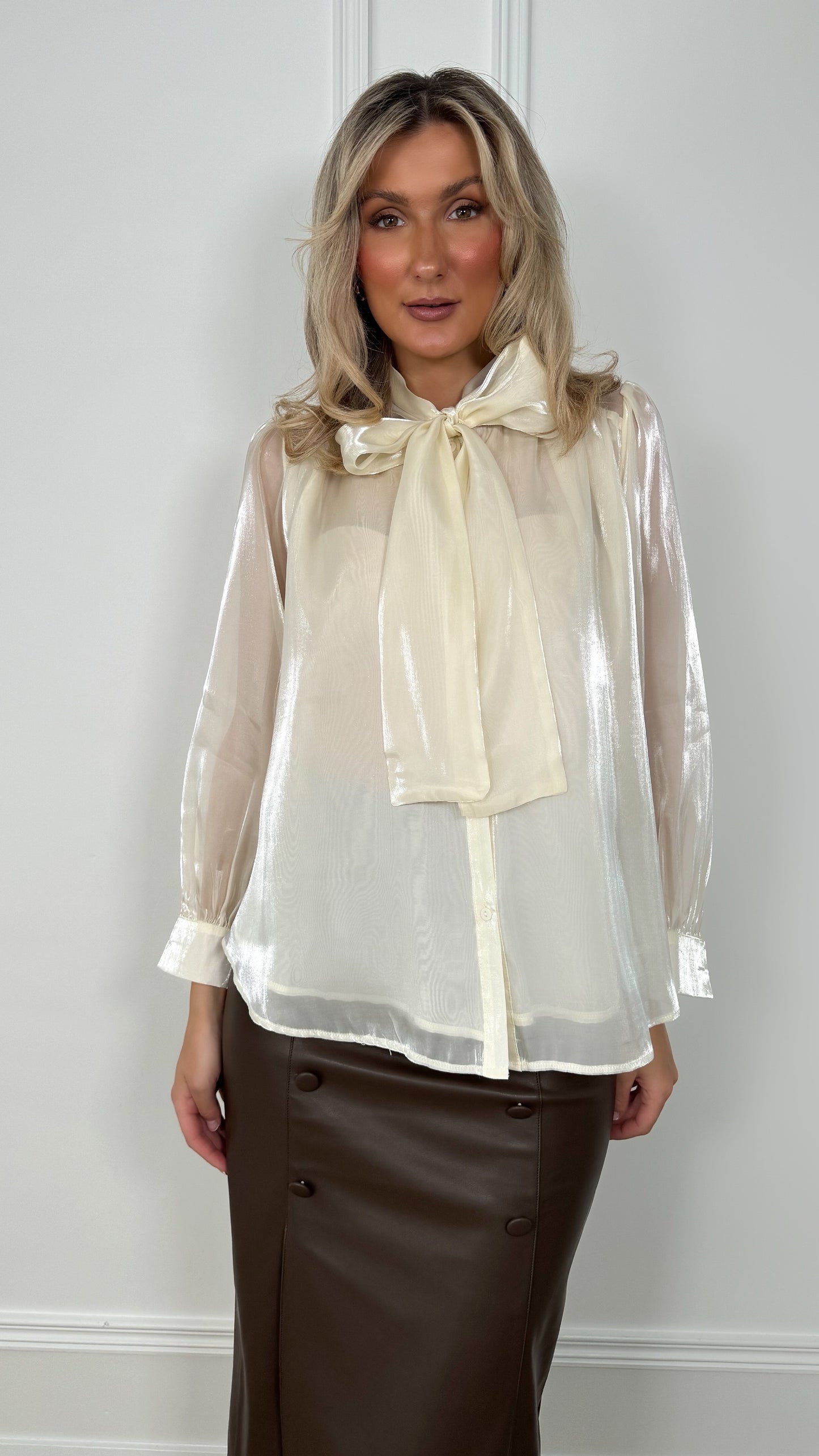 Aoife Bowknot Metallic Shirt - Beige