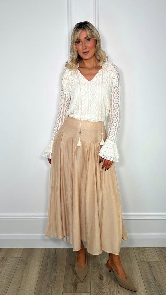 Claire Maxi Flared Skirt - Beige