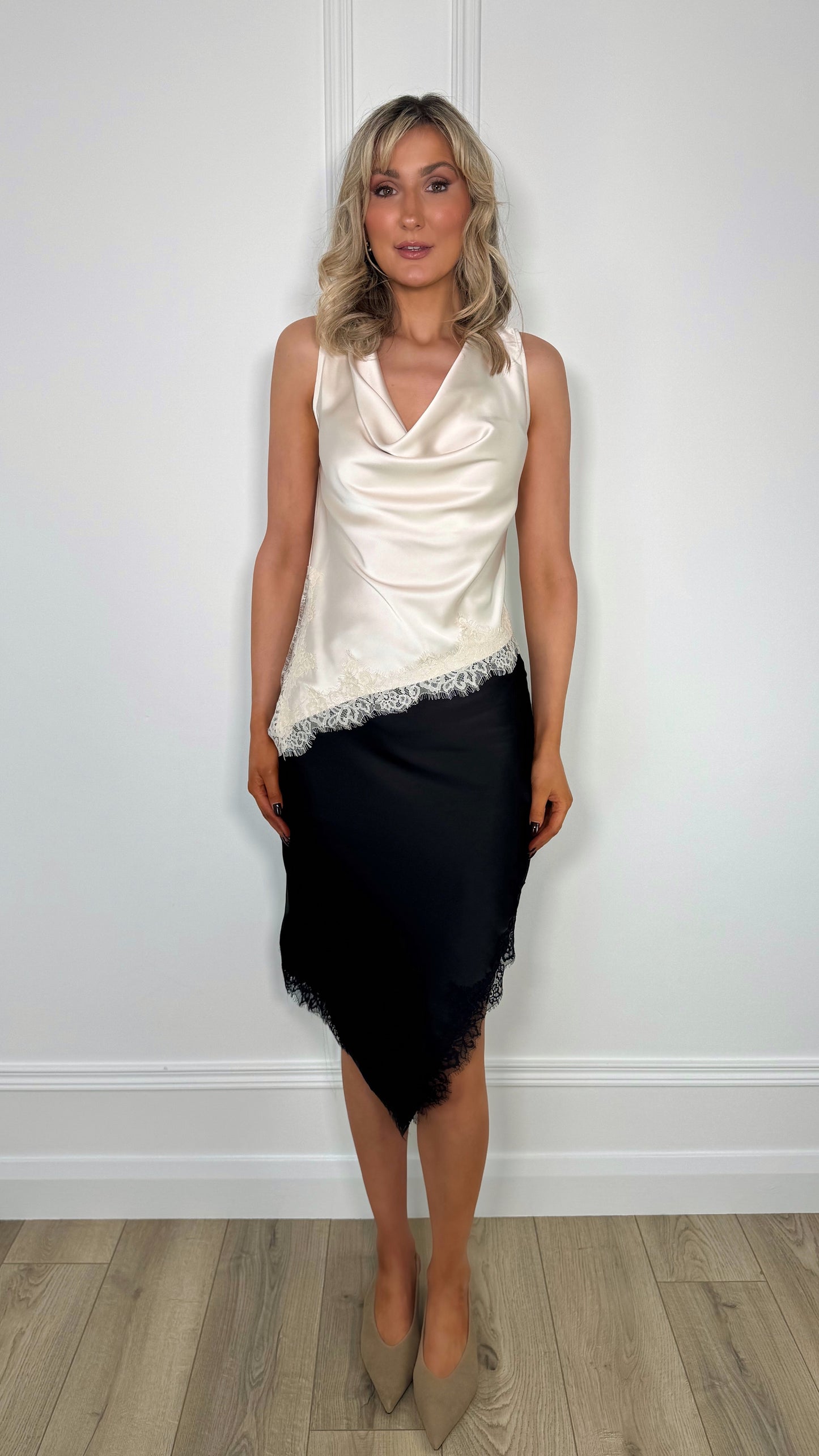Aisling Satin Skirt with Lace - Black