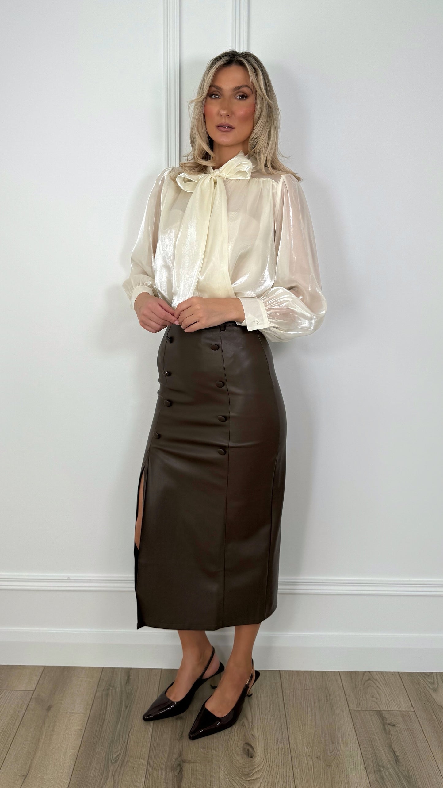 Amelie Maxi Faux Leather Skirt with Button Details - Choco Brown