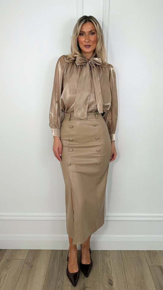 Amelie Maxi Faux Leather Skirt with Button Details - Taupe