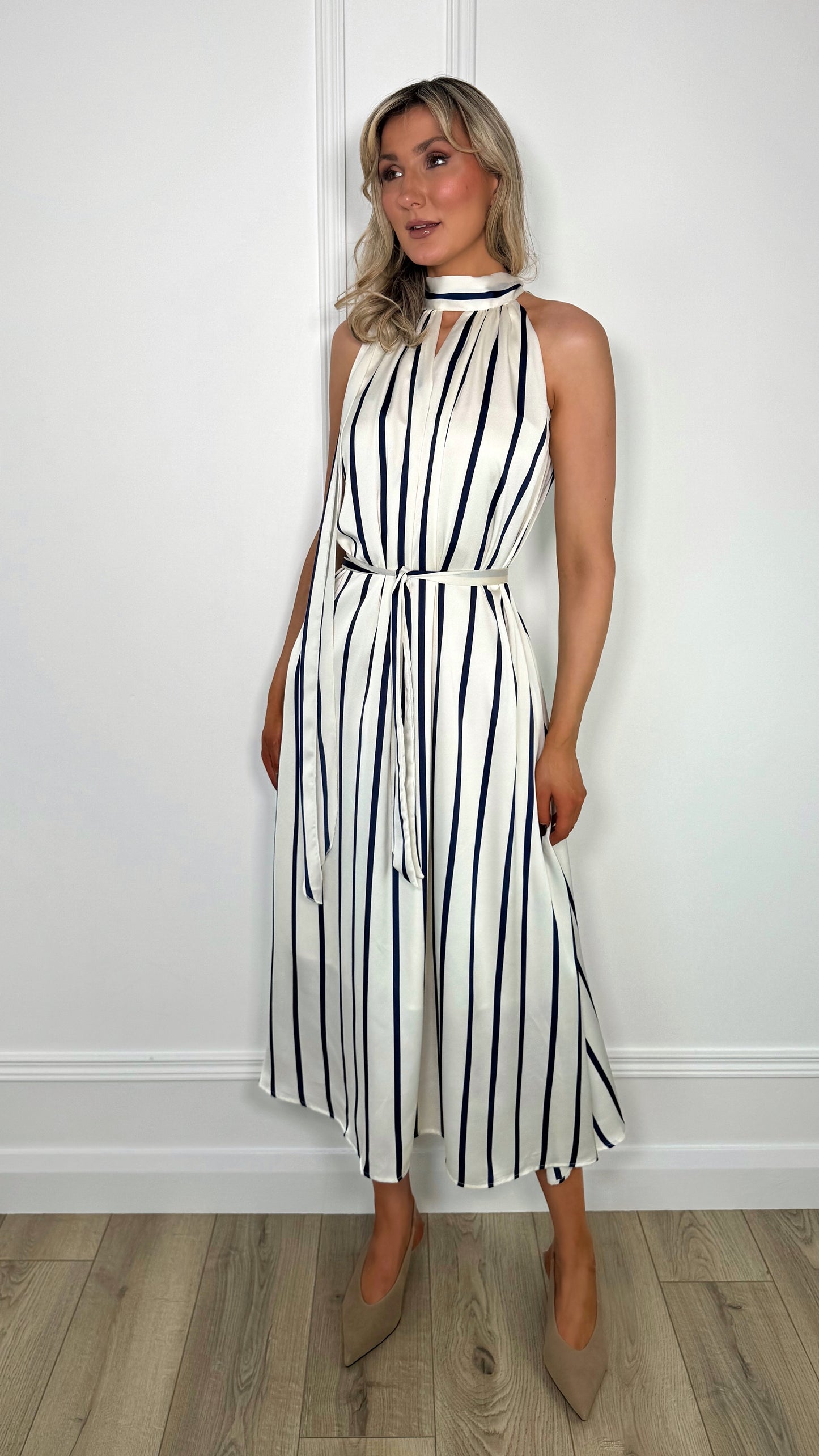 Siobhan Satin Striped Tent Dress - Navy and White