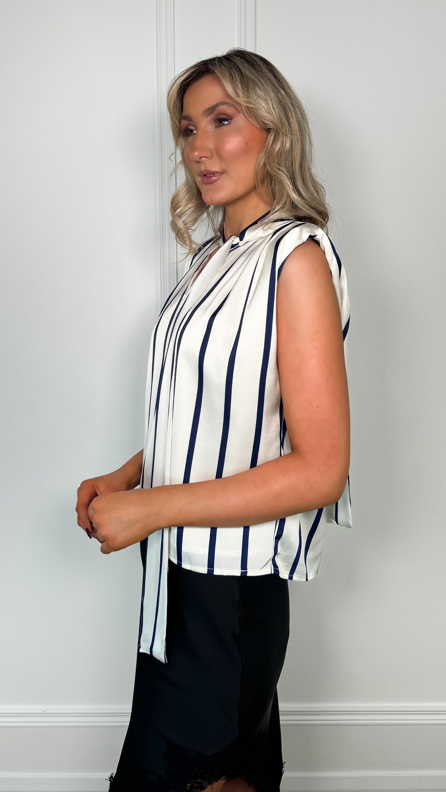 Margaret Striped Satin Top - Navy and Beige