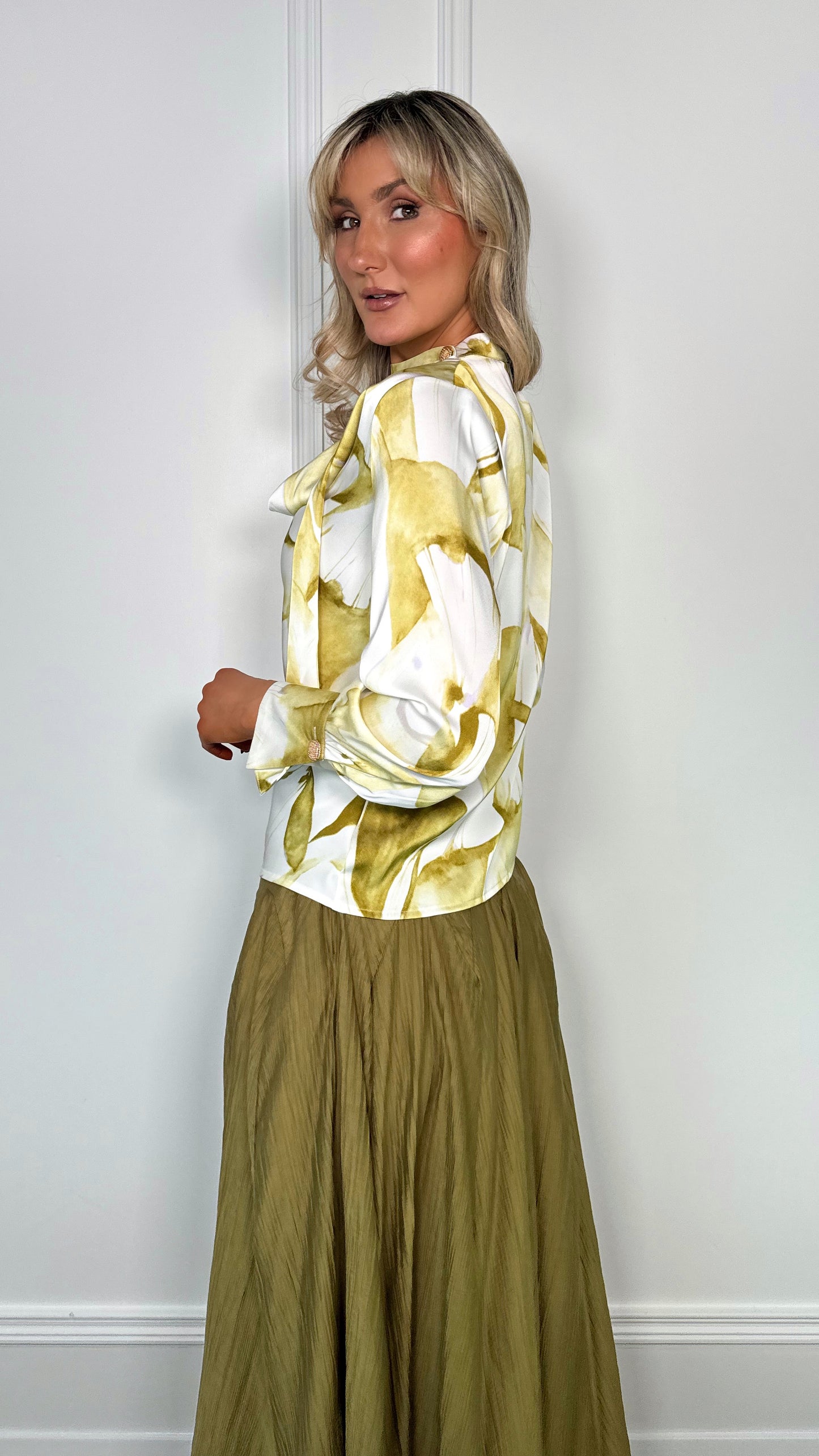 Arlene Elegant Choker Cowl Neck Puffy Sleeve Blouse - Lime Green