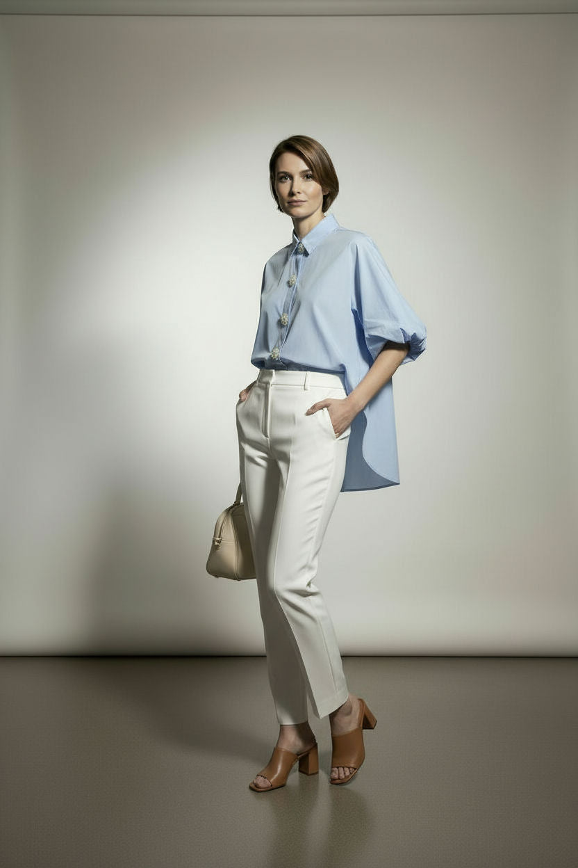 Diana Cotton Shirt with Balloon Sleeves - Sky Blue