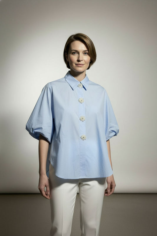 Diana Cotton Shirt with Balloon Sleeves - Sky Blue