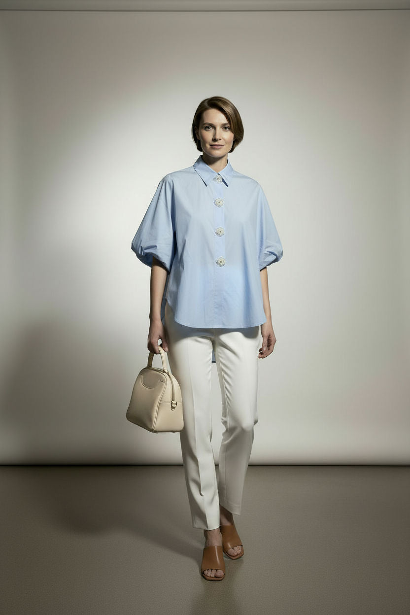 Diana Cotton Shirt with Balloon Sleeves - Sky Blue