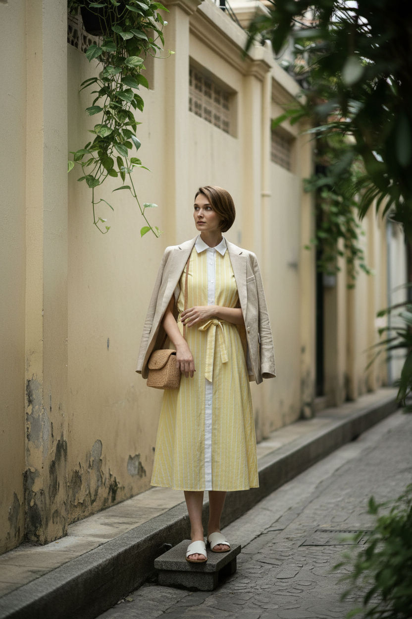Cynthia Linen Striped Shirt Dress - Yellow