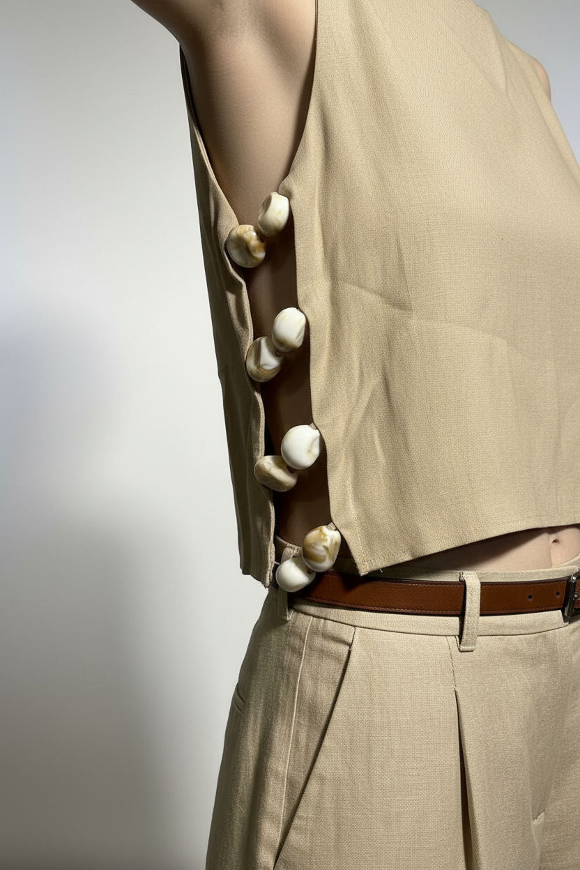 Alice Side Slit Top With Stones Pattern - Taupe