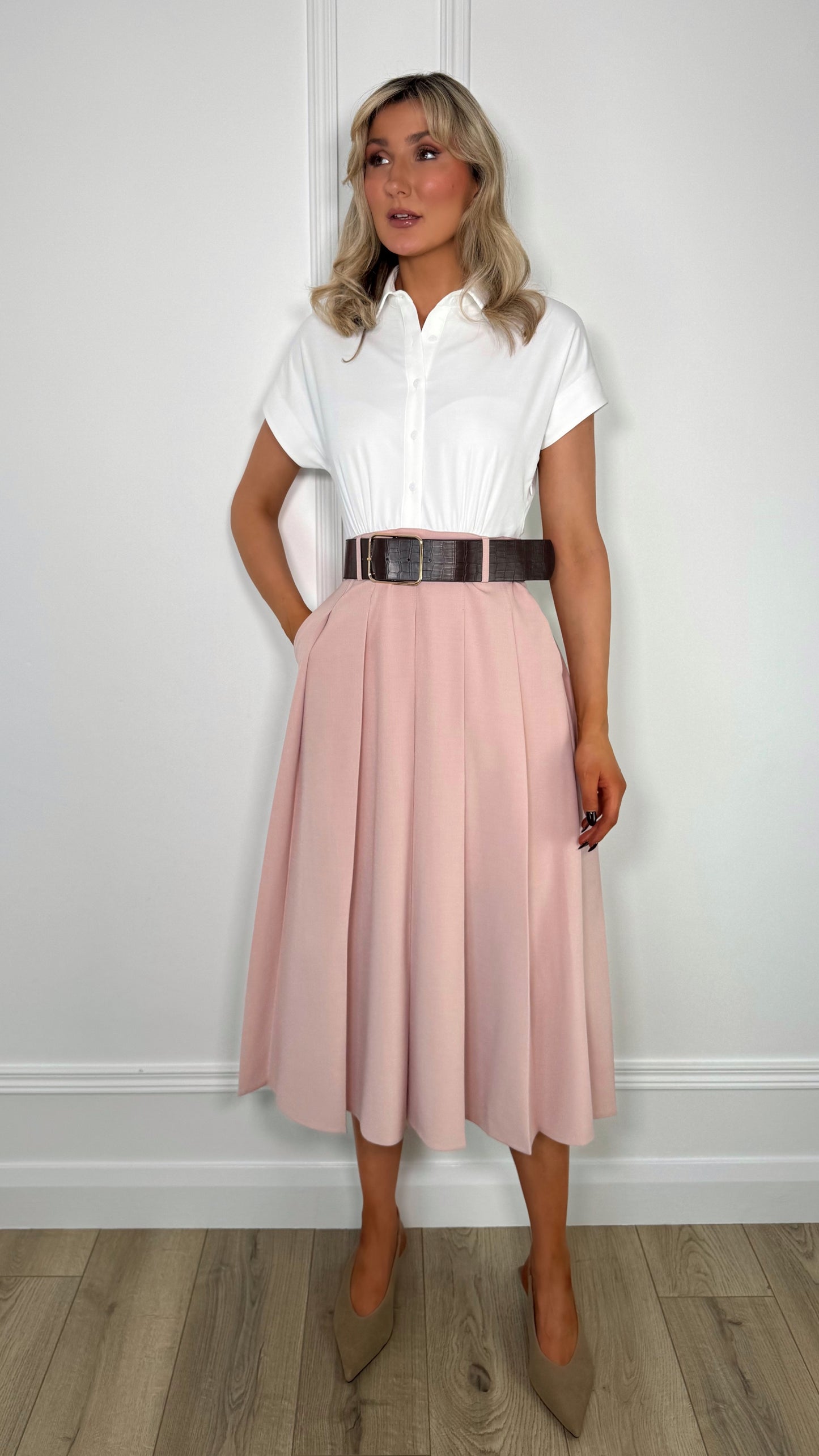 Lisa Pleated Shirt Dress - White and Pink