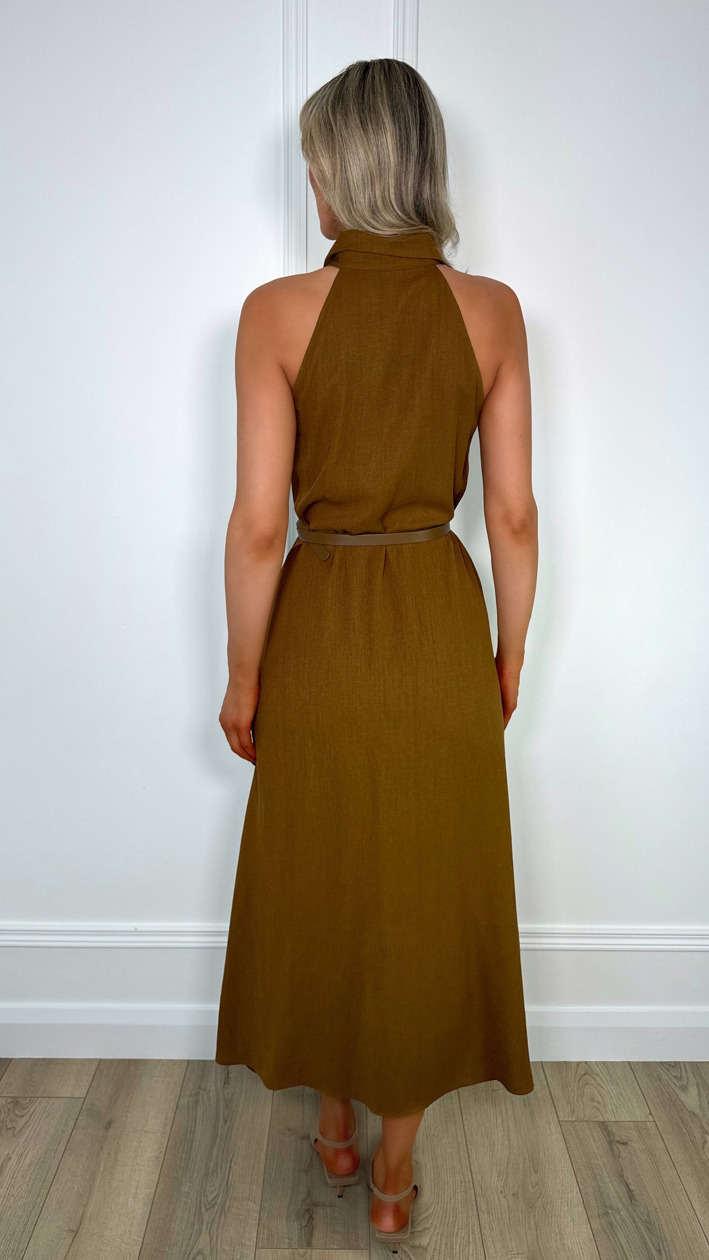 Breda Button Down Belted Dress - Brown