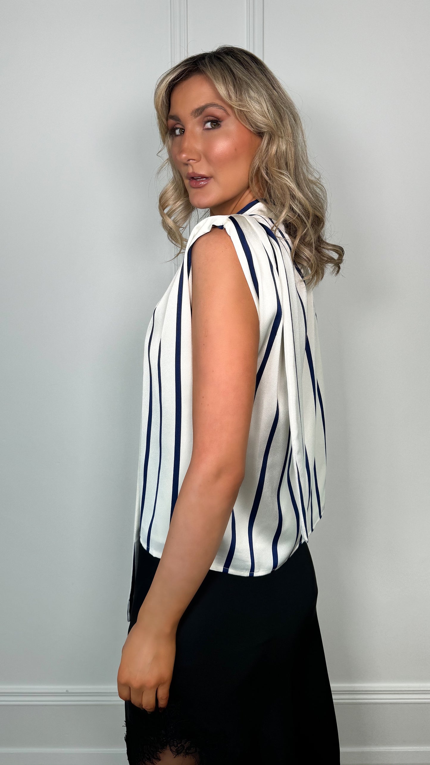 Margaret Striped Satin Top - Navy and Beige