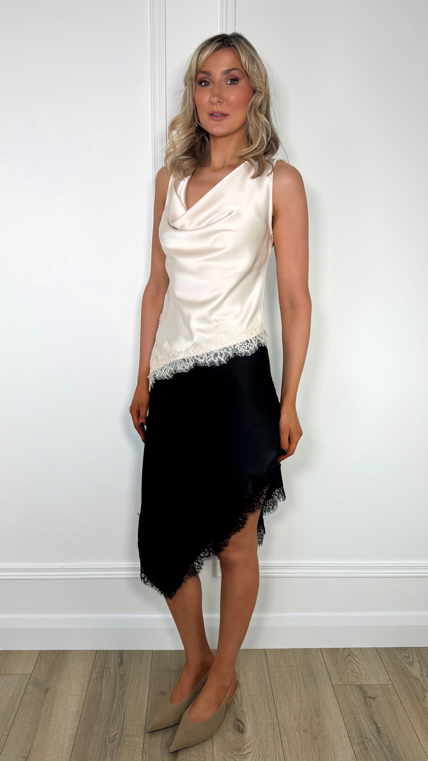 Aisling Satin Skirt with Lace - Black