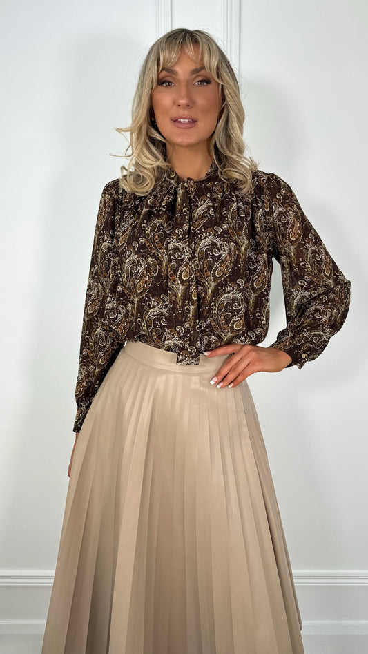 Suzanne Printed Bowknot Shirt - Brown