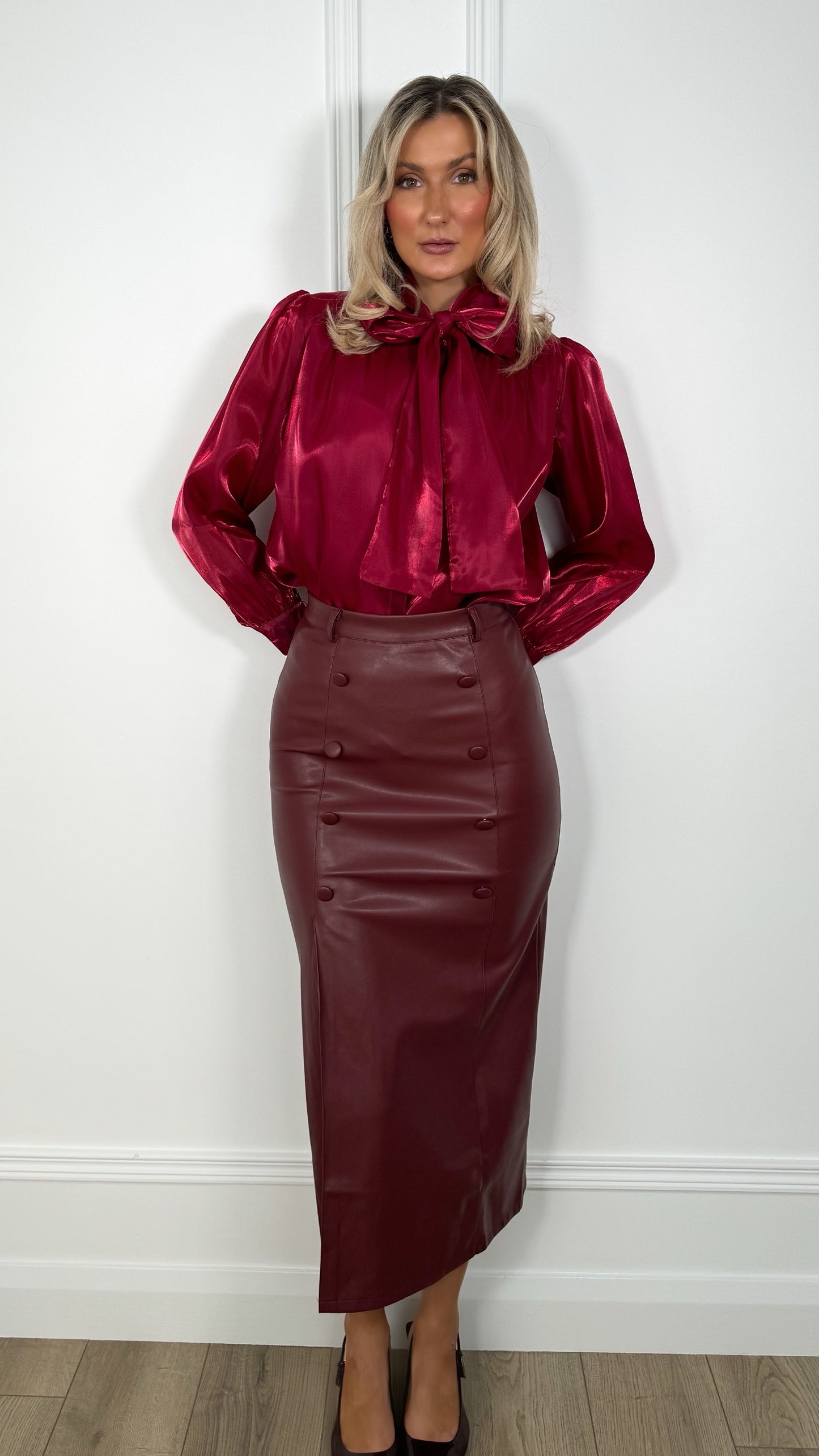 Amelie Maxi Faux Leather Skirt with Button Details - Burgundy