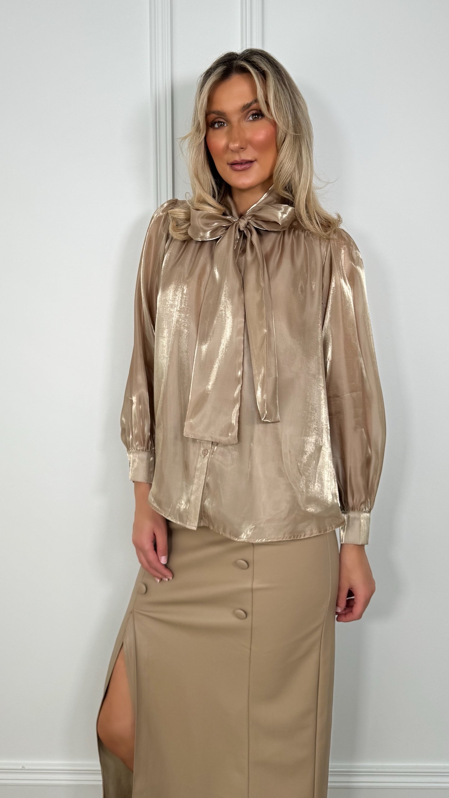 Aoife Bowknot Metallic Shirt - Gold