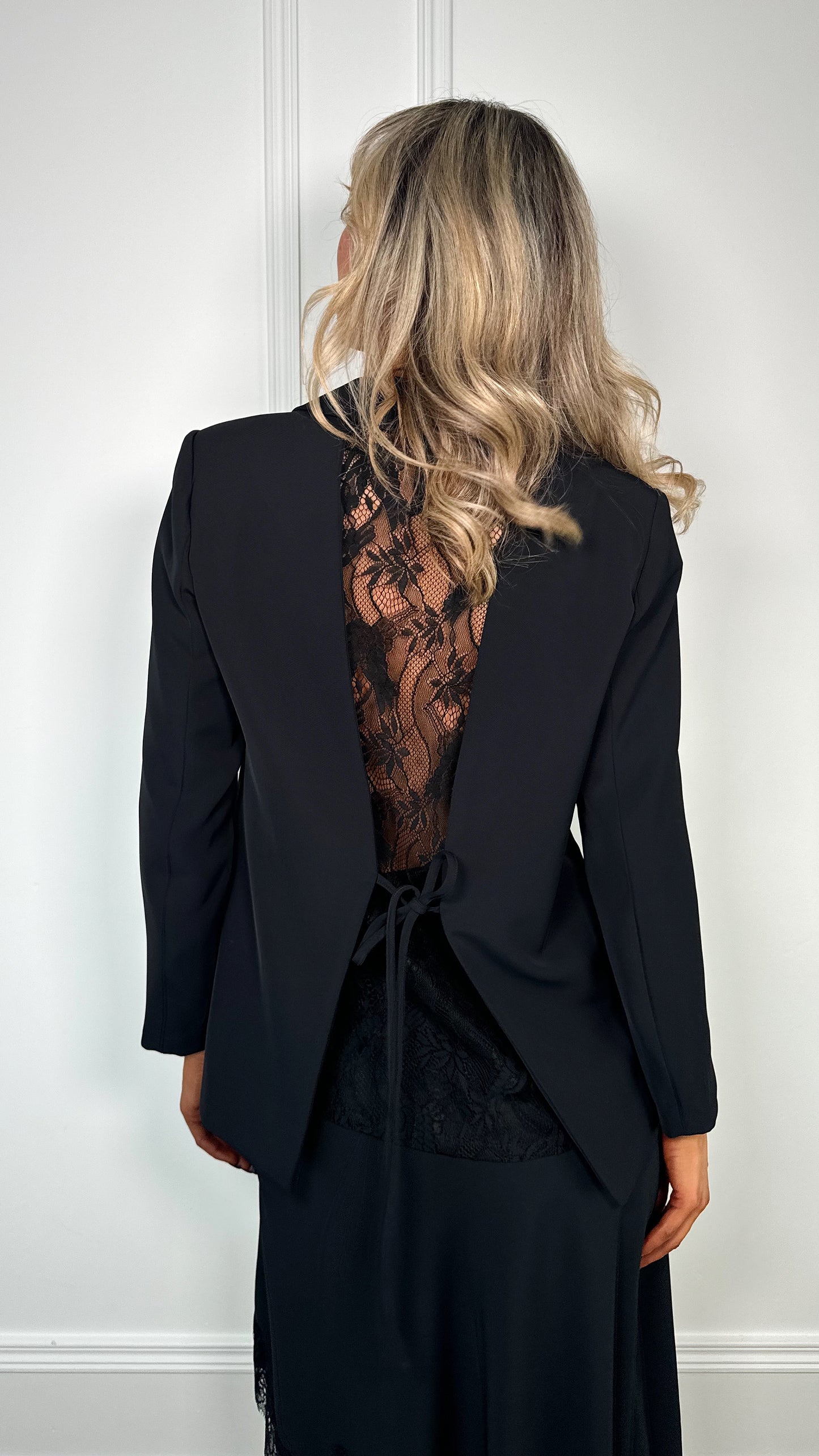 Lizzie Single Button Blazer with Lace - Black