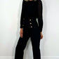 Aine Button High Waist Tailored Mixed Fabric Jumpsuit - Black