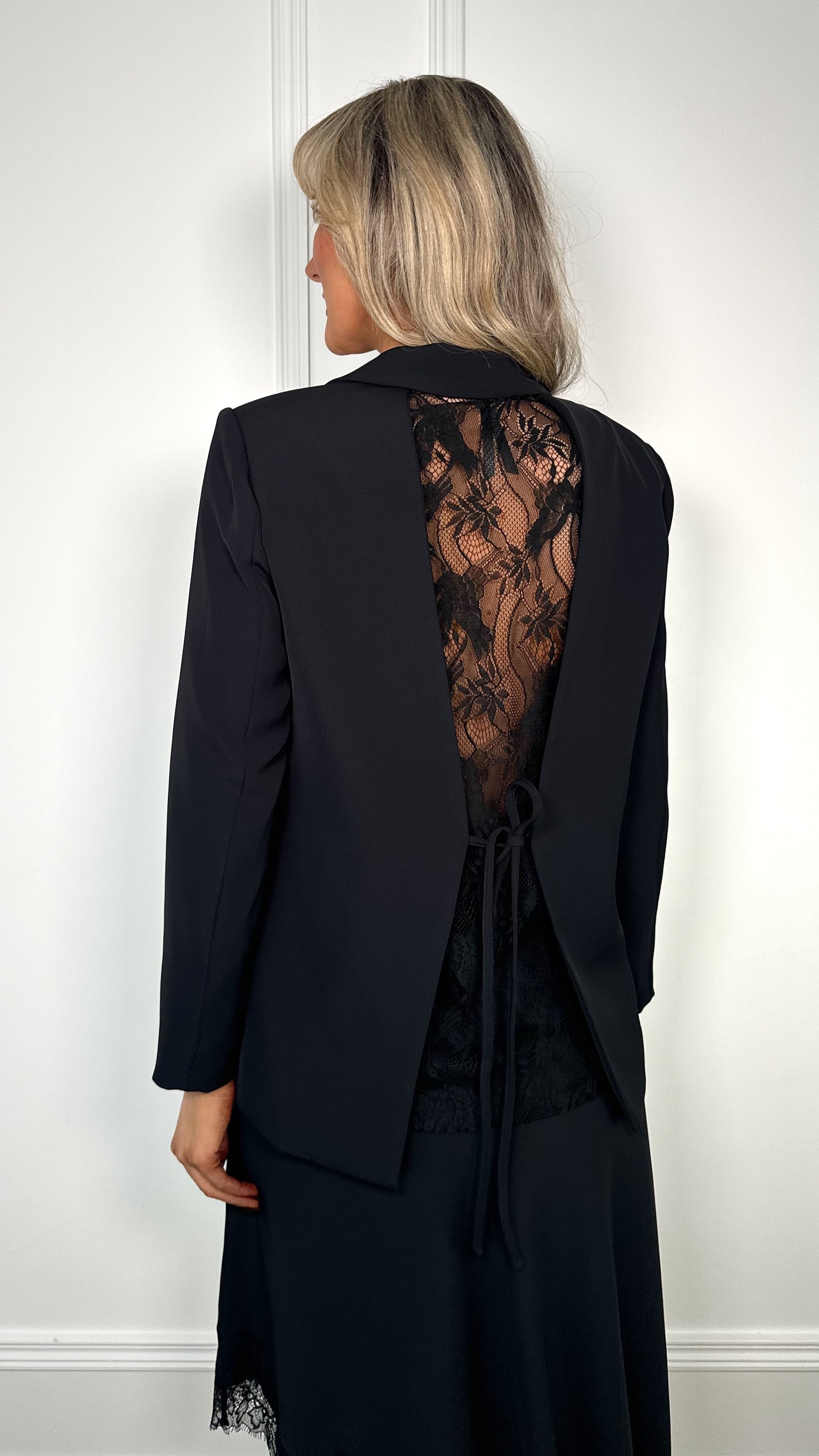 Lizzie Single Button Blazer with Lace - Black