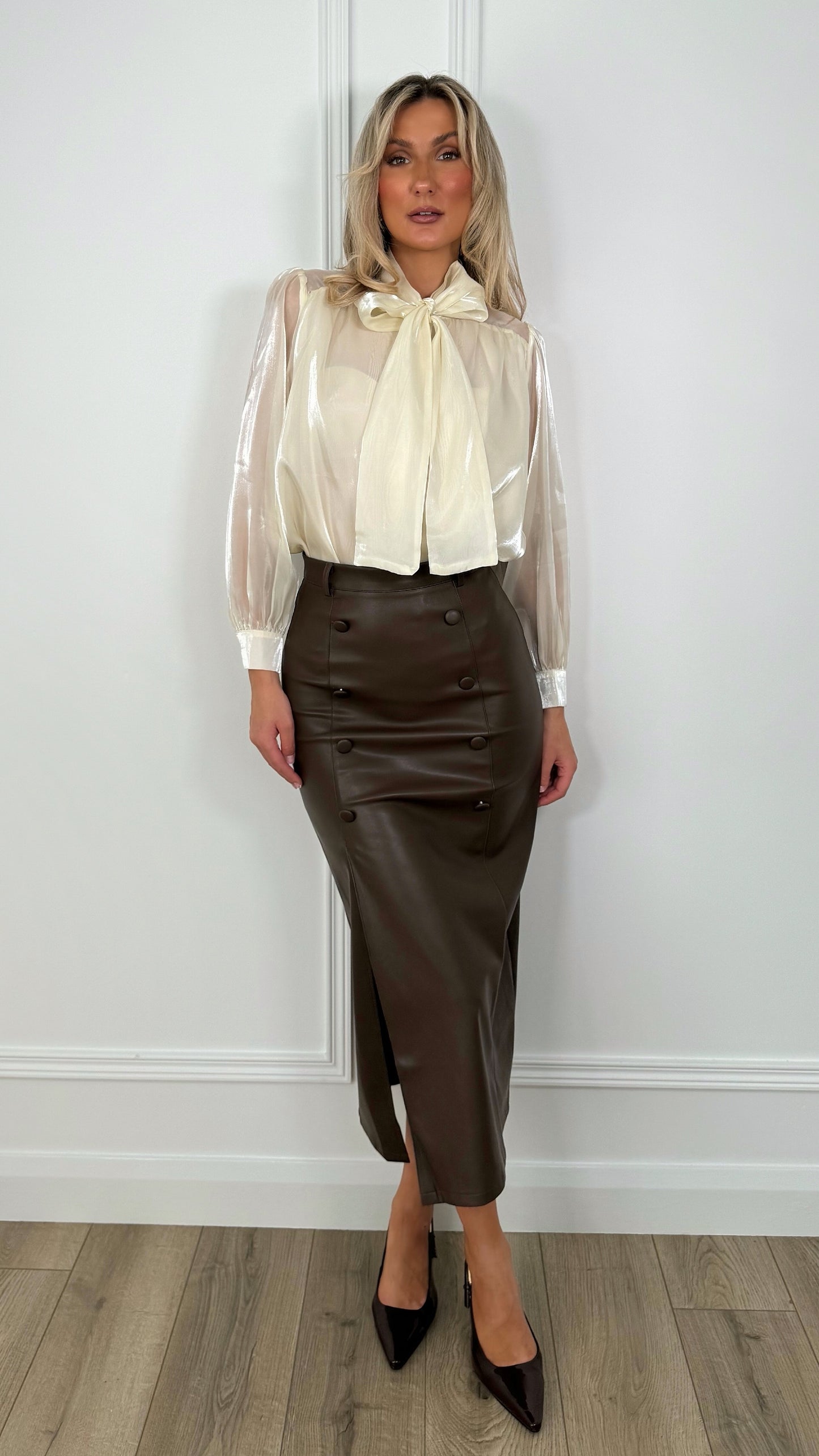 Amelie Maxi Faux Leather Skirt with Button Details - Choco Brown