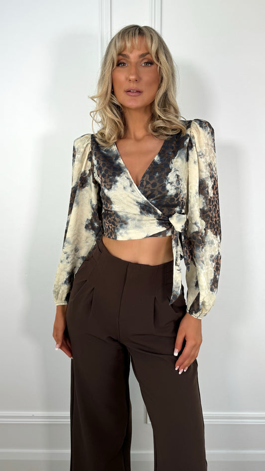 Sofia Printed wrap Blouse - Beige and Brown