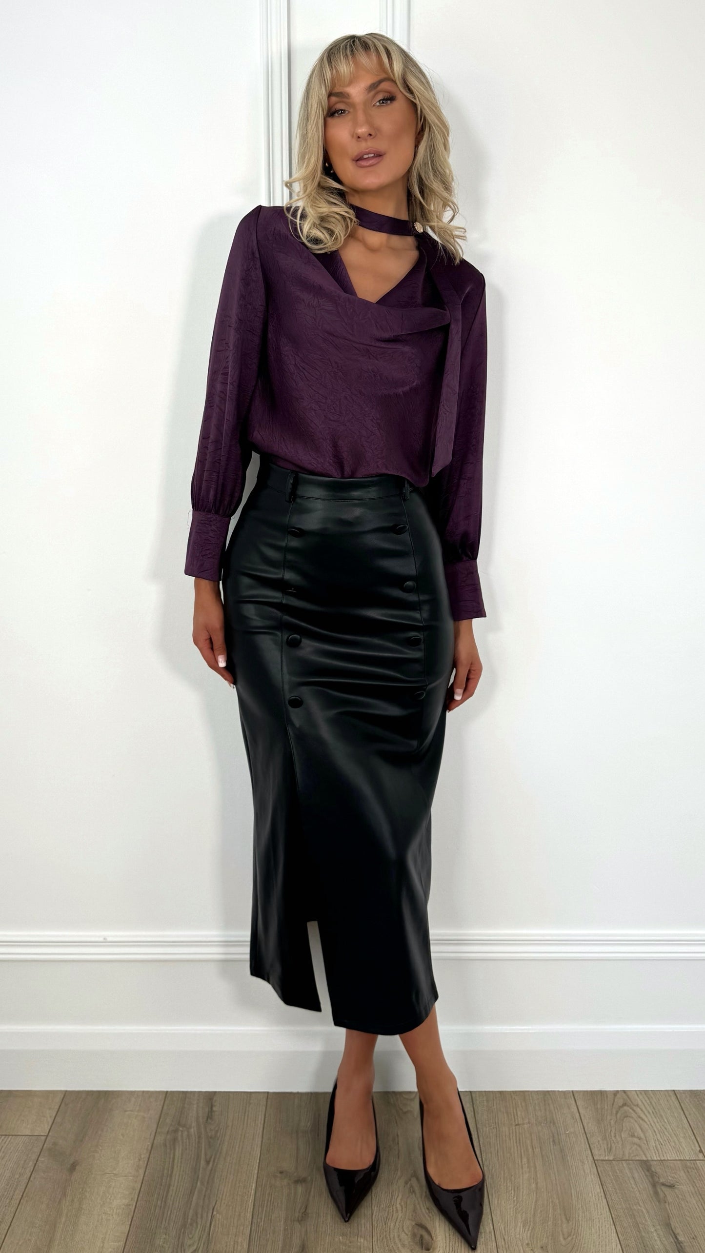 Amelie Maxi Faux Leather Skirt with Button Details - Black
