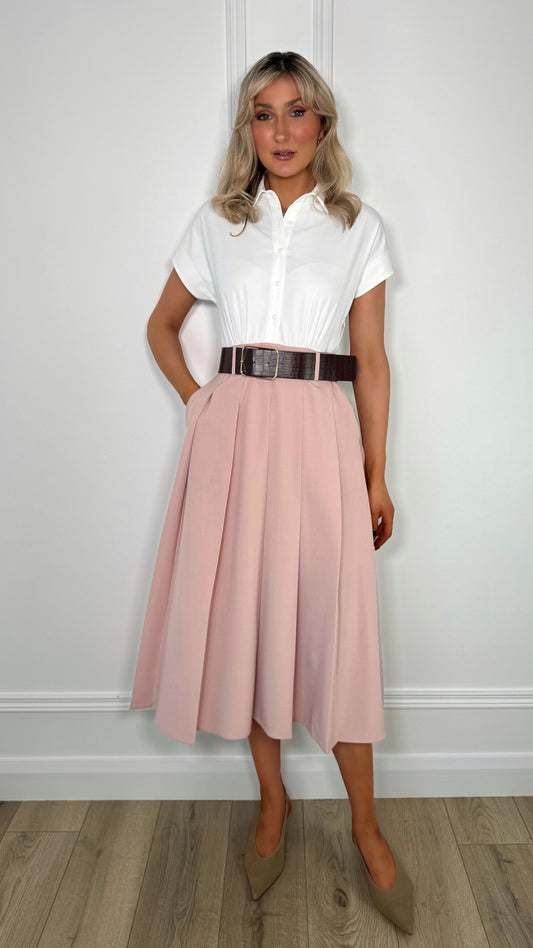Lisa Pleated Shirt Dress - White and Pink
