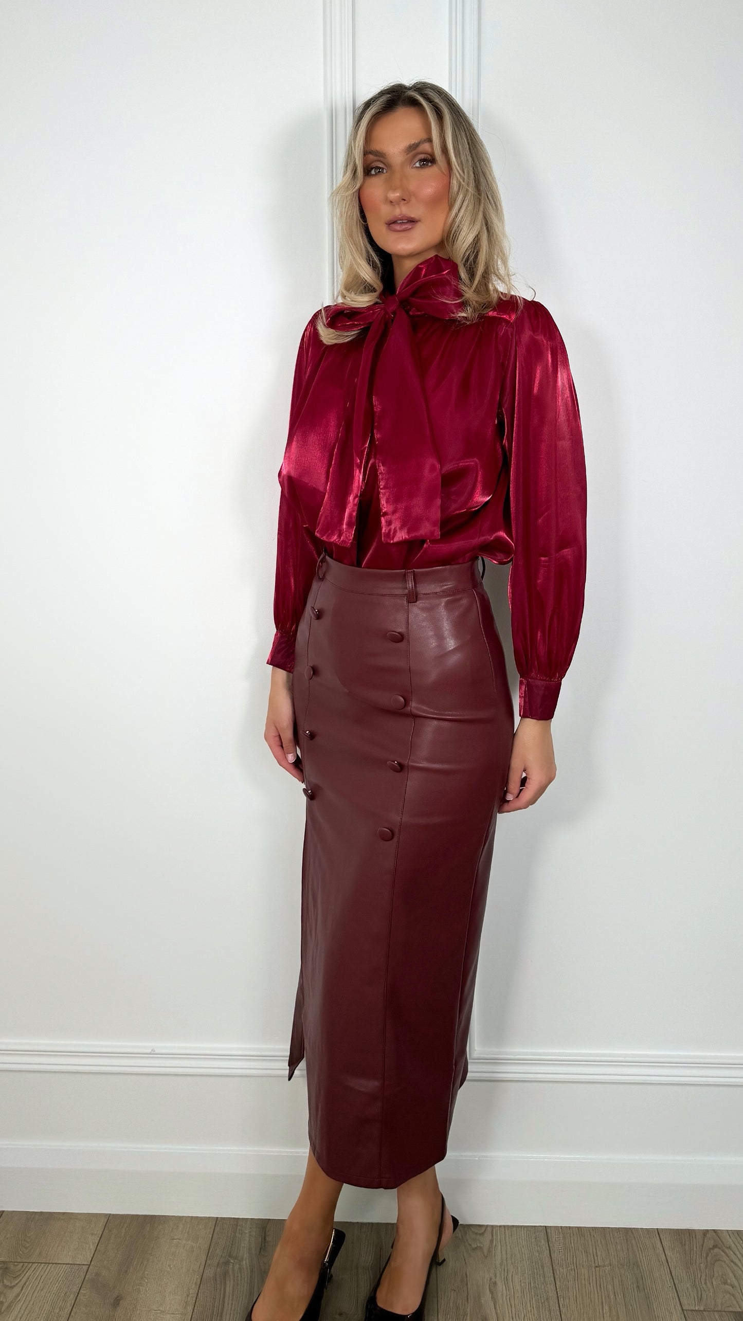 Amelie Maxi Faux Leather Skirt with Button Details - Burgundy